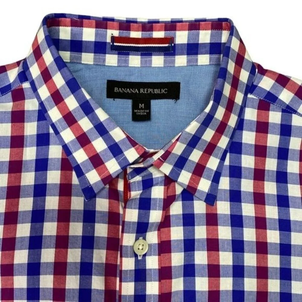 Banana Republic Men's Medium Shirt Short Sleeve Button Down Gingham Plaid Blue R